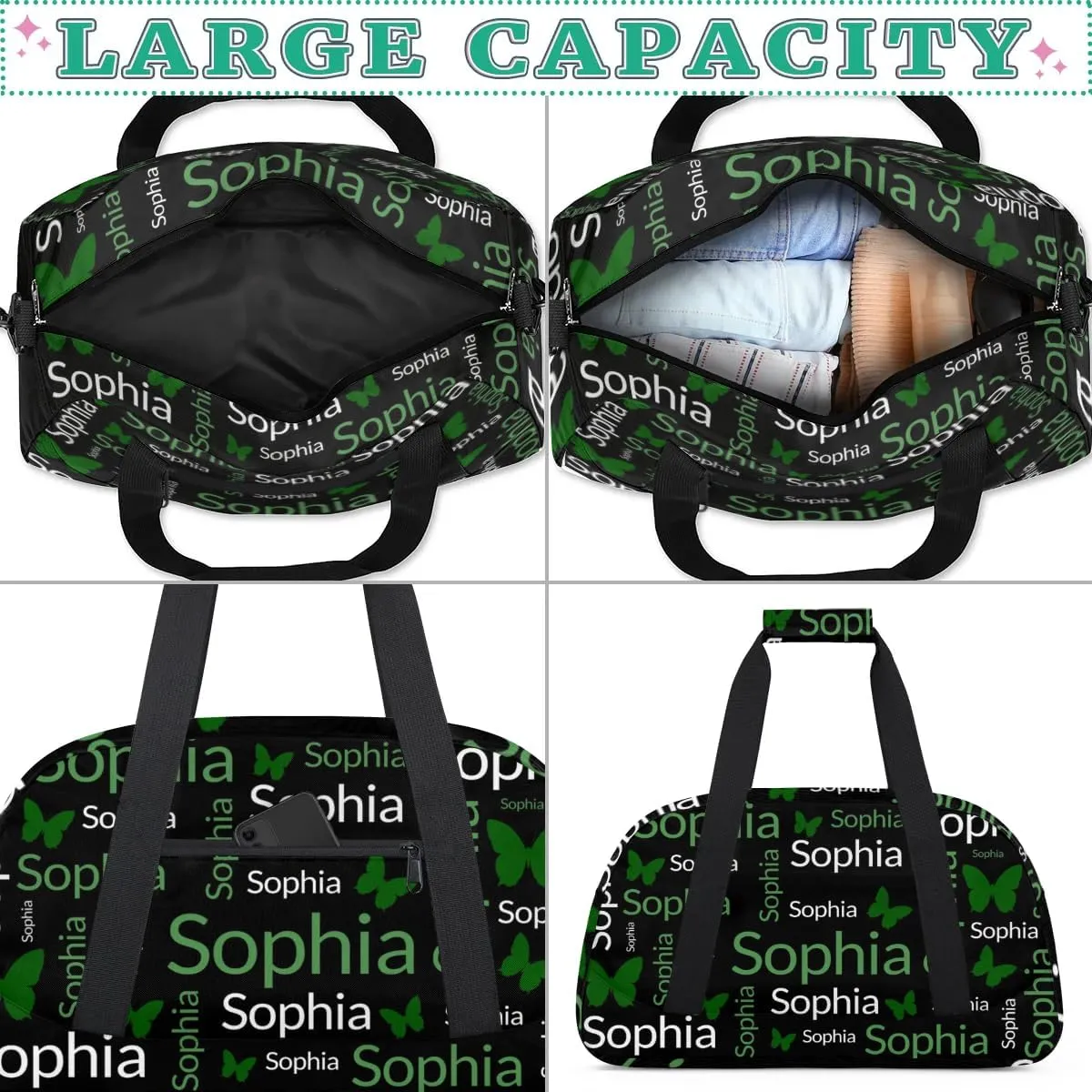 TropicalLife Custom Butterfly Sport Gym Bag Personalized Dance Bag Customized Duffle Bag Travel Duffle Bag for Women Green White Butterfly