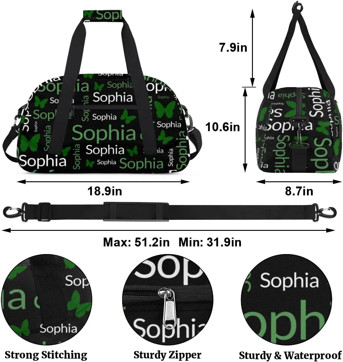 TropicalLife Custom Butterfly Sport Gym Bag Personalized Dance Bag Customized Duffle Bag Travel Duffle Bag for Women Green White Butterfly