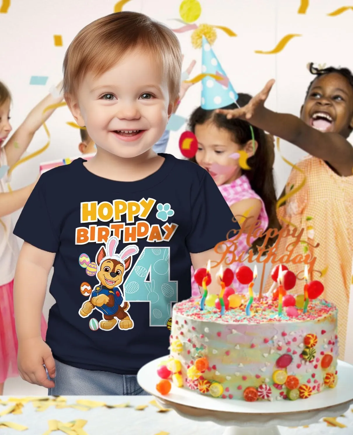 Tstars Paw Patrol 4 Chase Shirt Gifts for Four Years Old 4th Birthday Theme Party Toddler Kids T-Shirt
