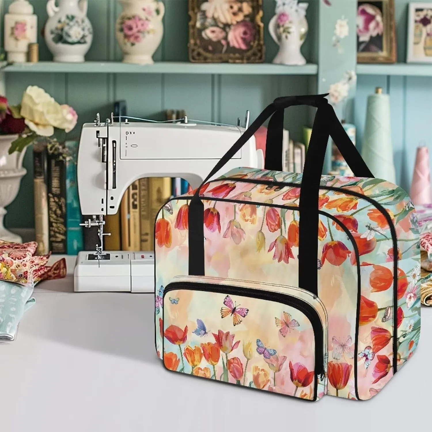 Tulip Butterfly Sewing Machine Carrying Case Anti-scratch, for Most Standard Sewing Machines and Accessories