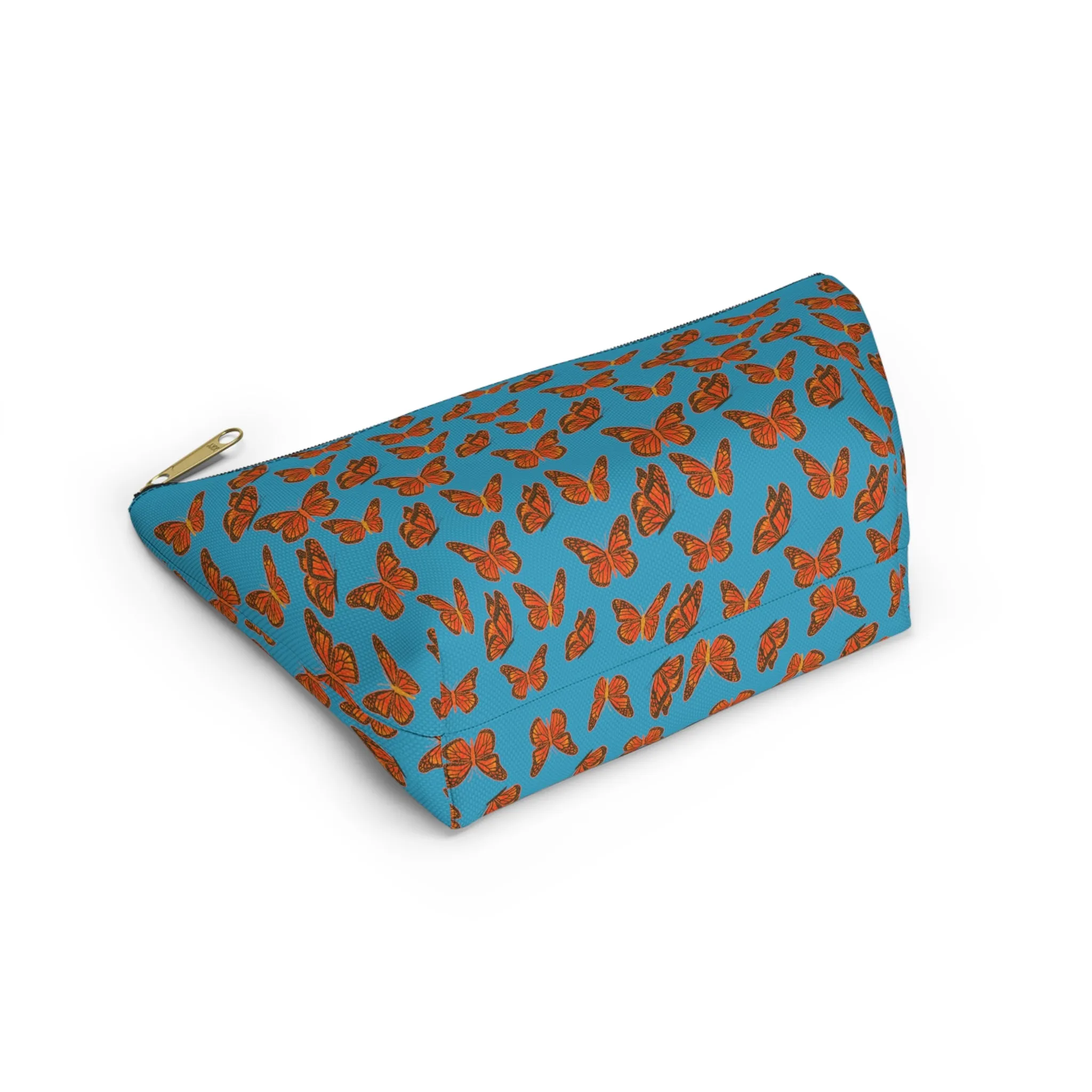 Turquoise Accessory Pouch w T-bottom with Orange Butterfly Pattern