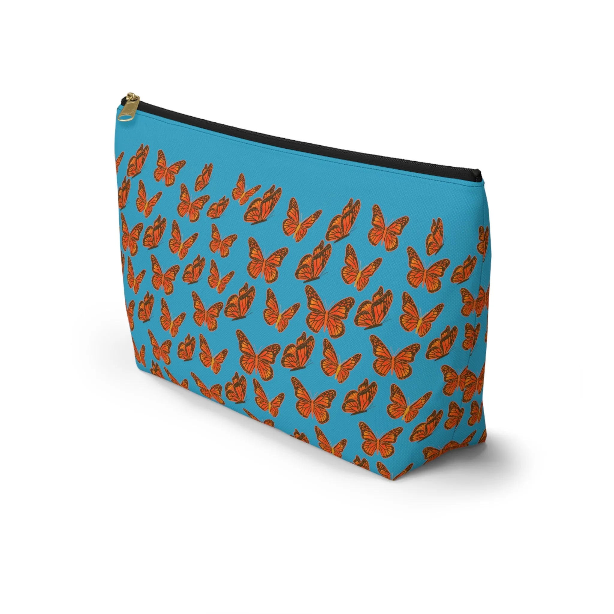 Turquoise Accessory Pouch w T-bottom with Orange Butterfly Pattern