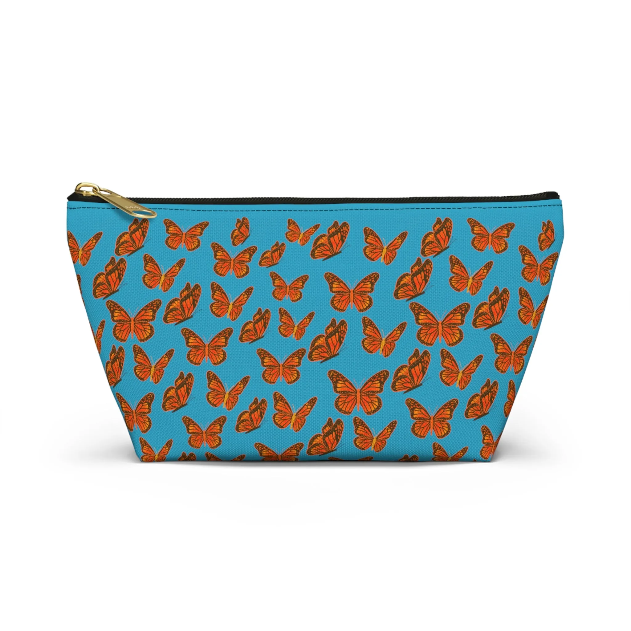 Turquoise Accessory Pouch w T-bottom with Orange Butterfly Pattern