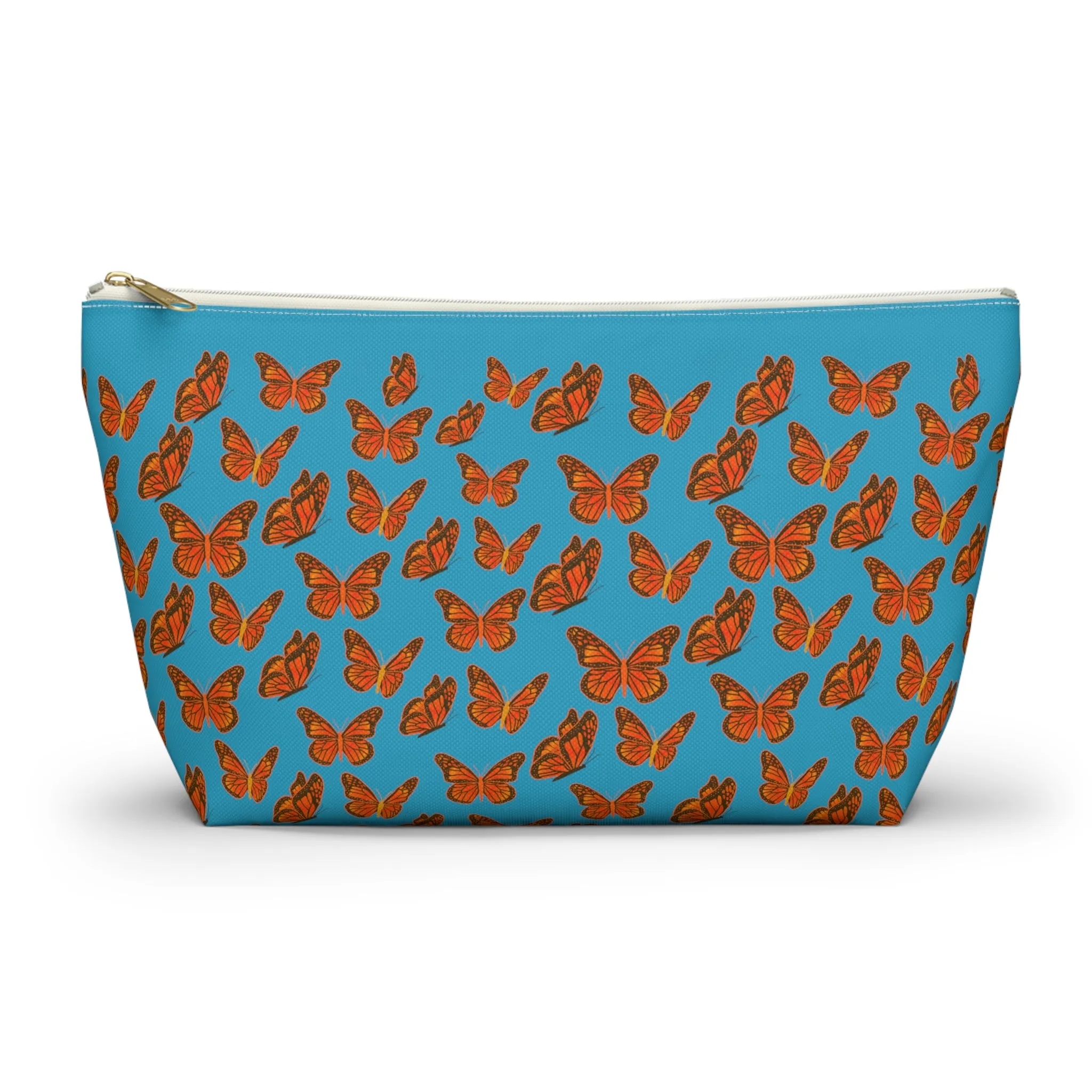 Turquoise Accessory Pouch w T-bottom with Orange Butterfly Pattern