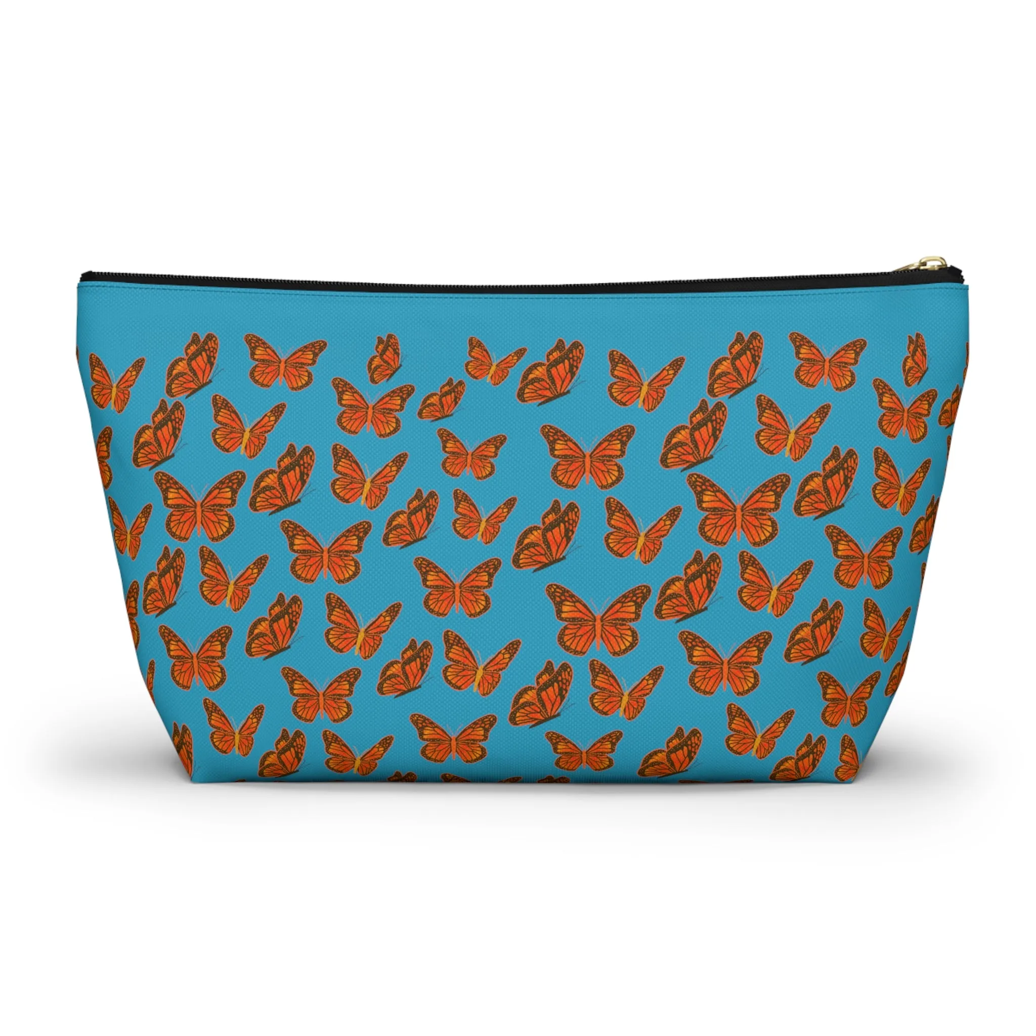 Turquoise Accessory Pouch w T-bottom with Orange Butterfly Pattern
