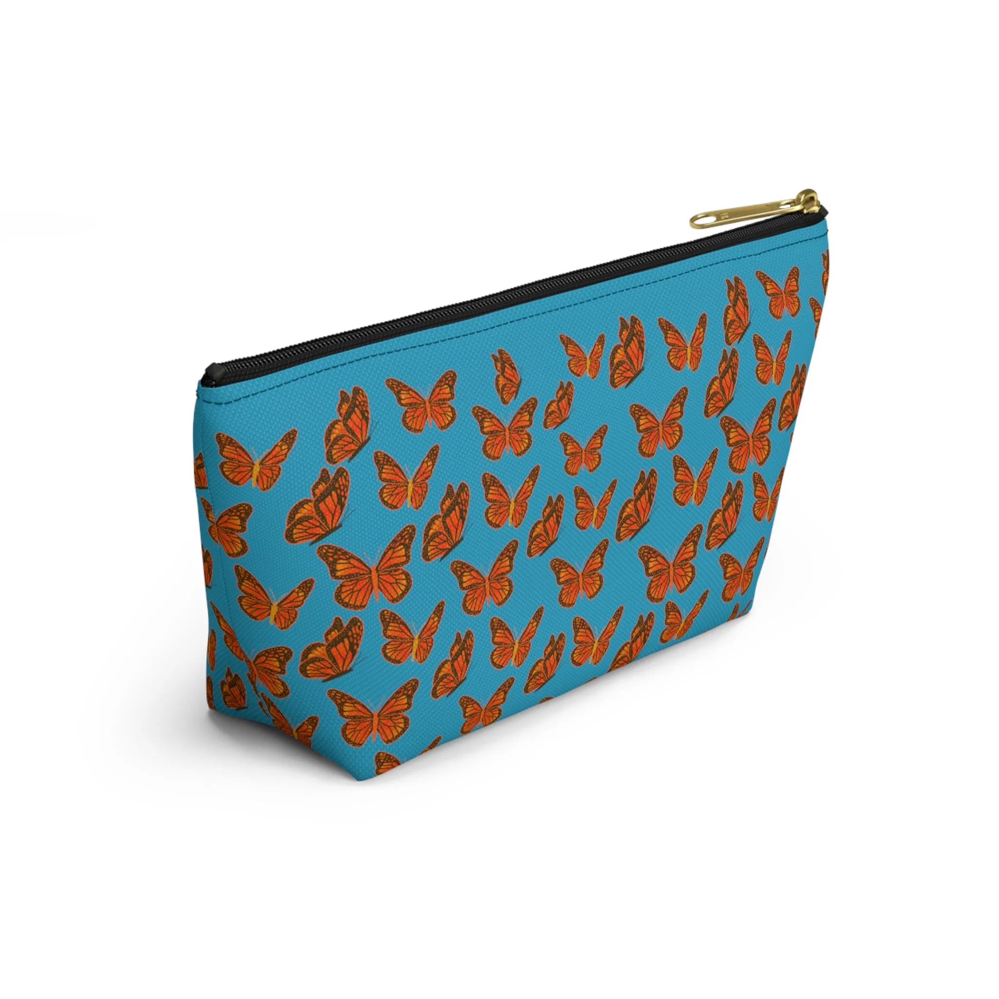 Turquoise Accessory Pouch w T-bottom with Orange Butterfly Pattern
