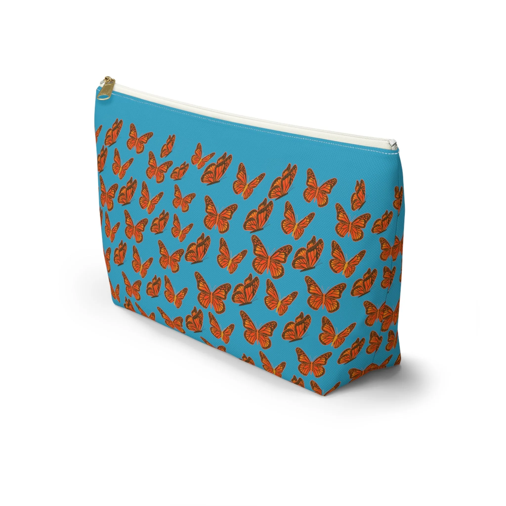 Turquoise Accessory Pouch w T-bottom with Orange Butterfly Pattern