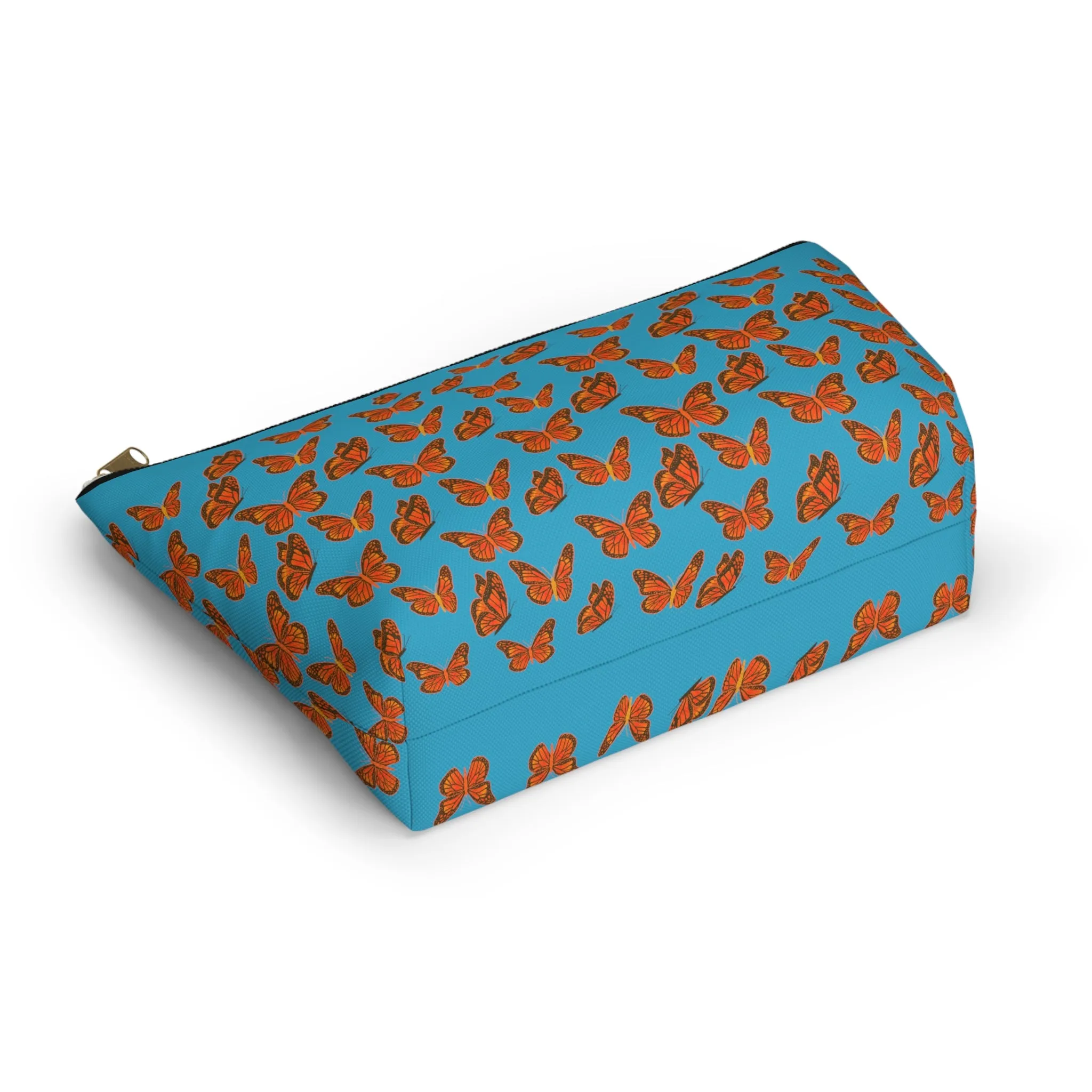 Turquoise Accessory Pouch w T-bottom with Orange Butterfly Pattern