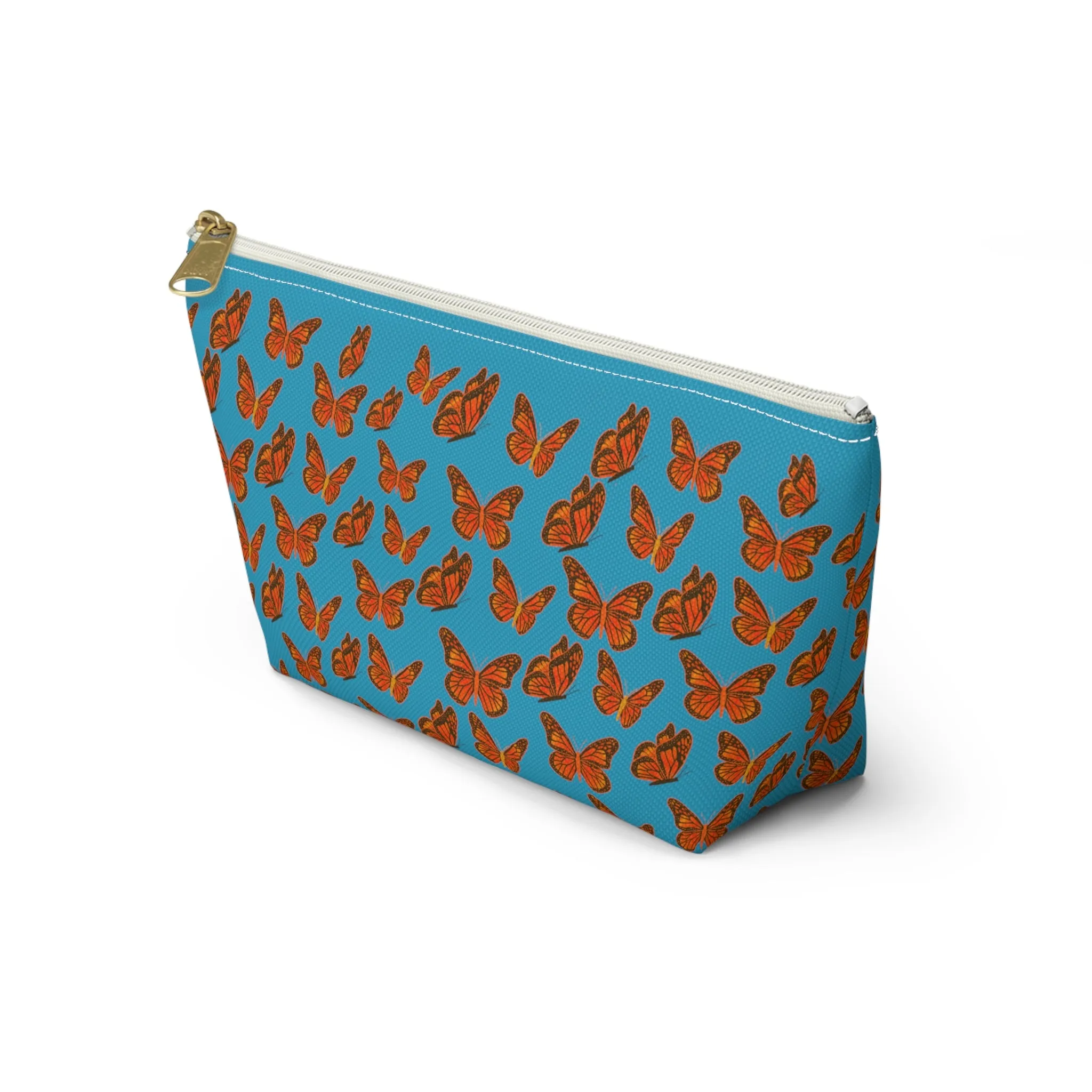Turquoise Accessory Pouch w T-bottom with Orange Butterfly Pattern