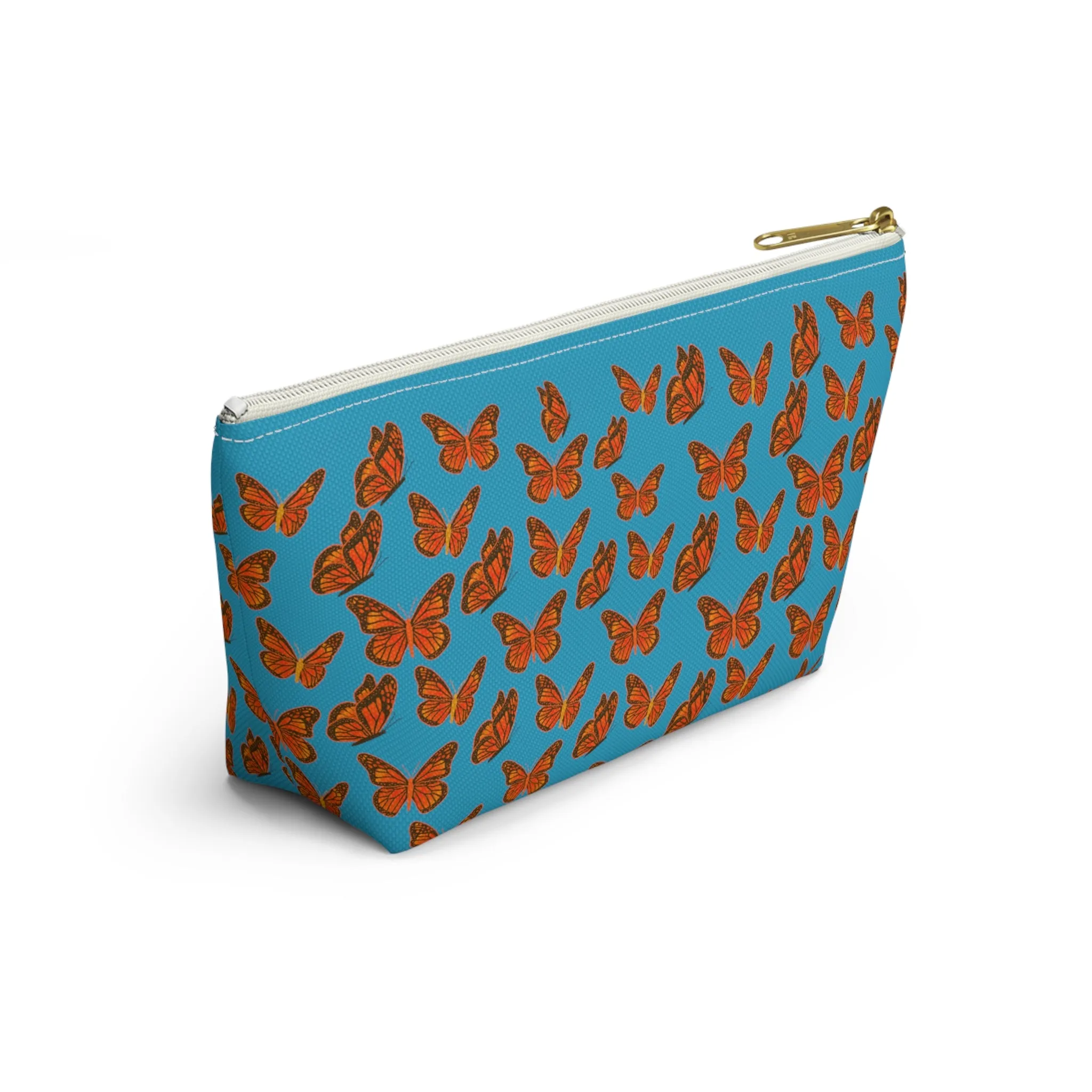 Turquoise Accessory Pouch w T-bottom with Orange Butterfly Pattern