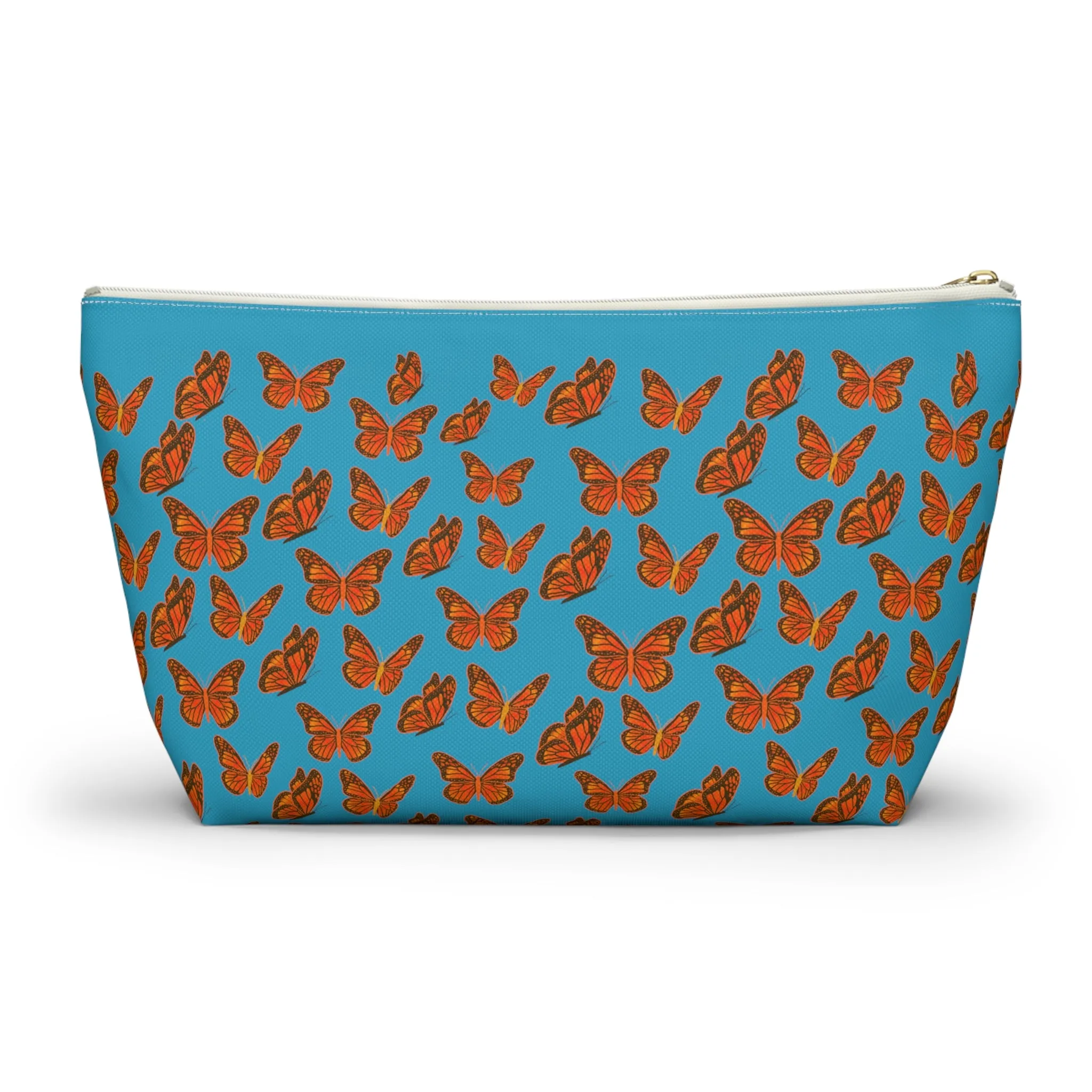 Turquoise Accessory Pouch w T-bottom with Orange Butterfly Pattern