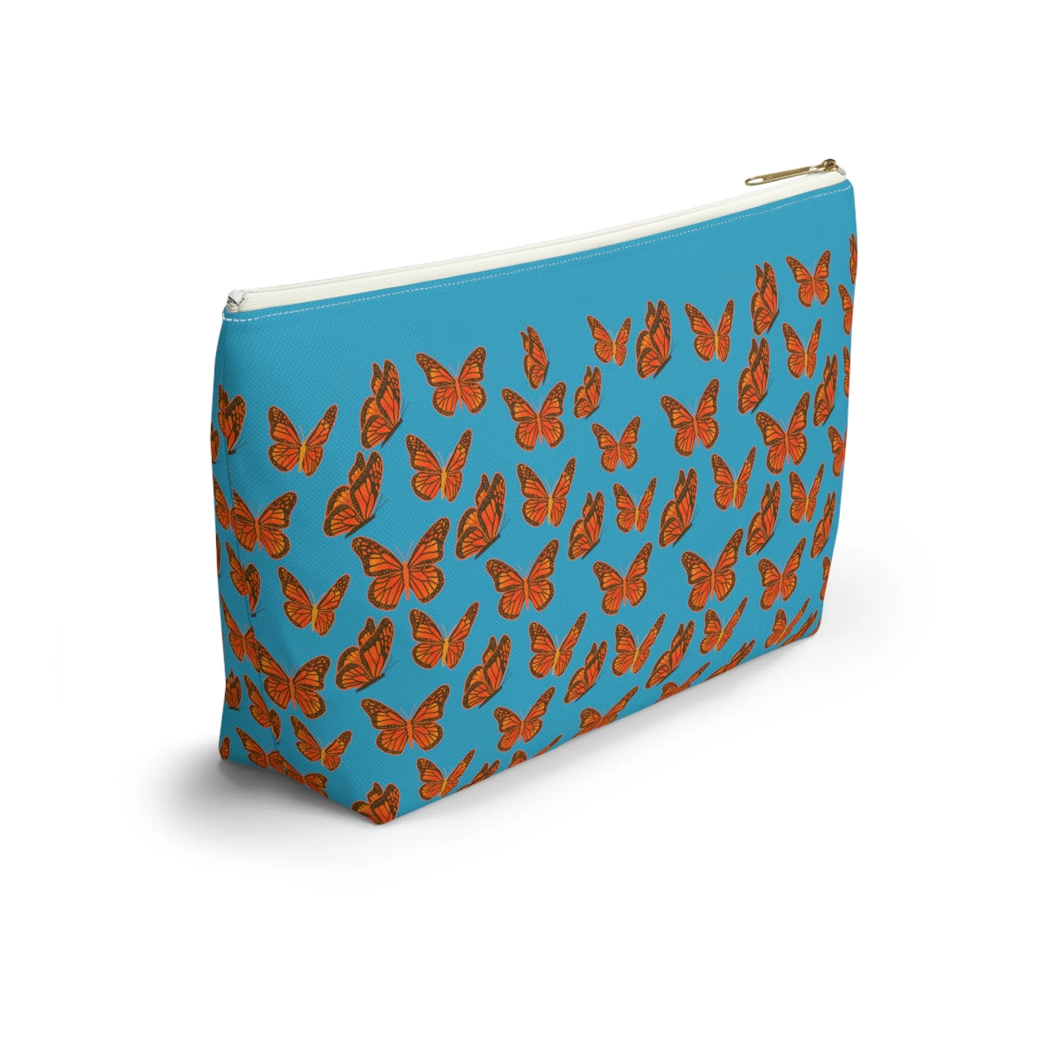 Turquoise Accessory Pouch w T-bottom with Orange Butterfly Pattern