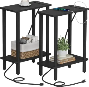 TUTOTAK Small End Table with Charging Station, Narrow Side Table with USB Ports and Outlets, Set of 2, Skinny Sofa Table, Slim Nightstand, Living Room, Bed Room, Black TB01BK0602