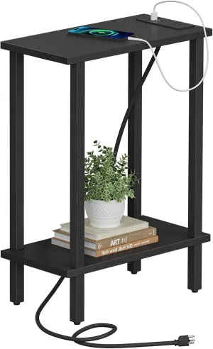 TUTOTAK Small End Table with Charging Station, Narrow Side Table with USB Ports and Outlets, Skinny Sofa Table, Slim Nightstand, Living Room, Bed Room, Black TB01BK060