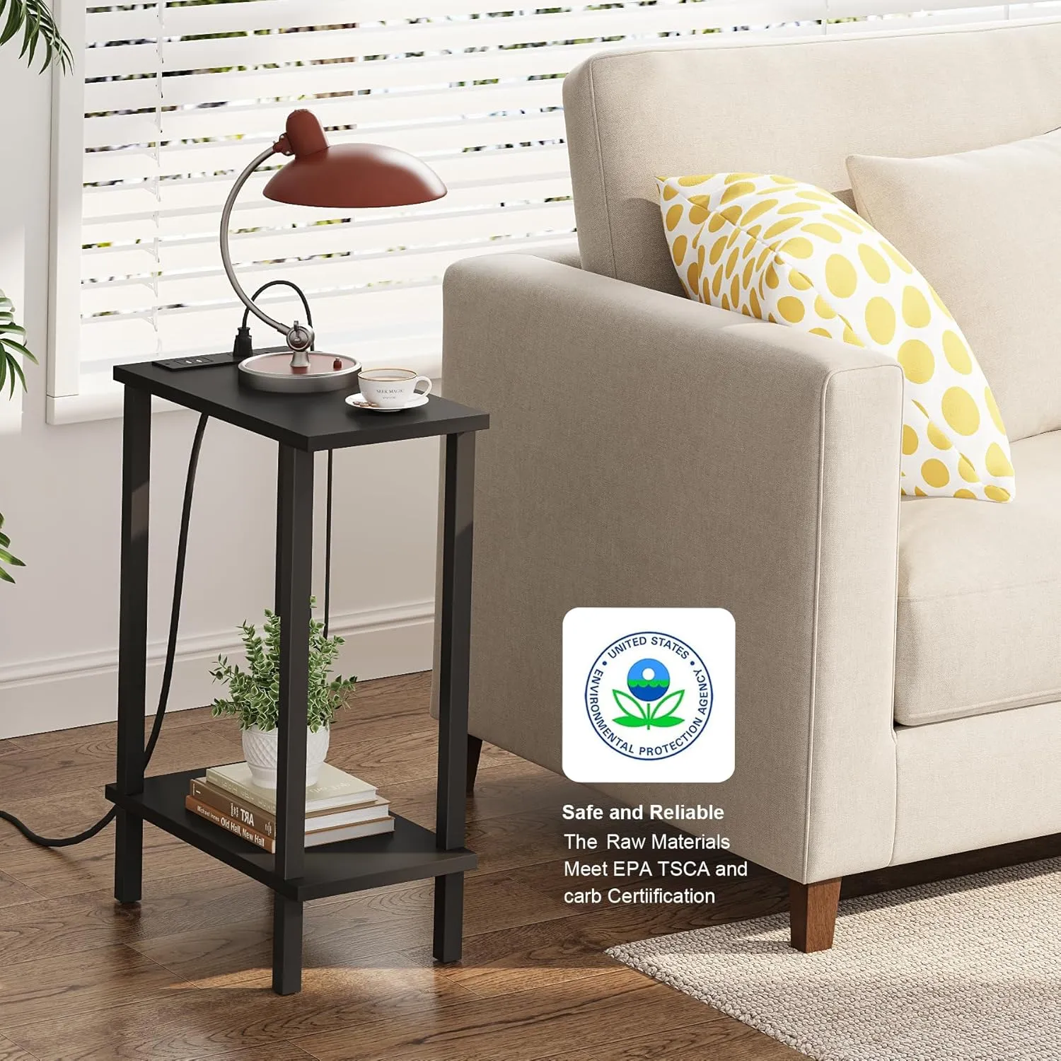 TUTOTAK Small End Table with Charging Station, Narrow Side Table with USB Ports and Outlets, Skinny Sofa Table, Slim Nightstand, Living Room, Bed Room, Black TB01BK060