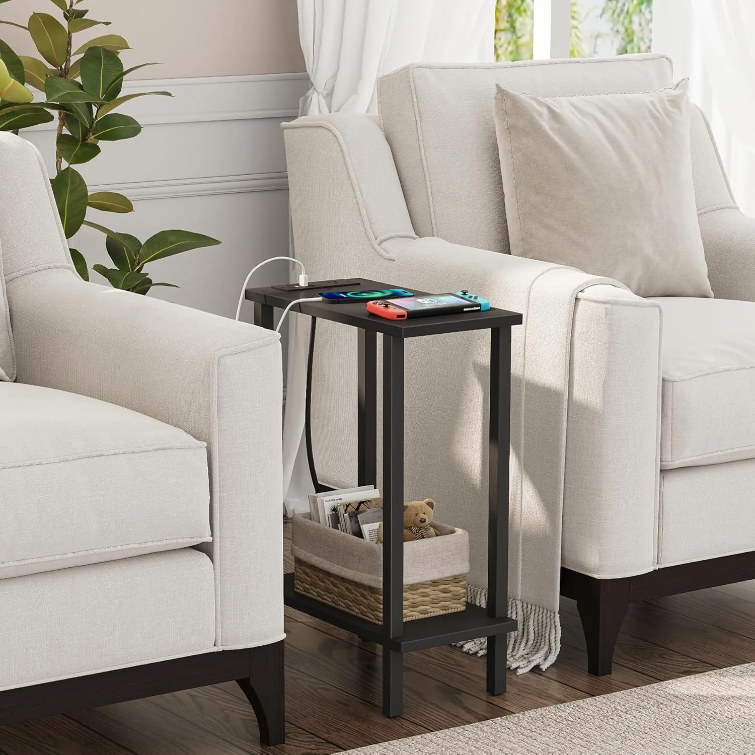 TUTOTAK Small End Table with Charging Station, Narrow Side Table with USB Ports and Outlets, Skinny Sofa Table, Slim Nightstand, Living Room, Bed Room, Black TB01BK060