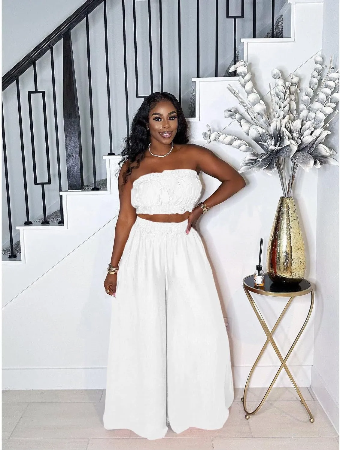 Two Piece Sets for Women Summer Outfits Crop Tops and Wide Leg Pants Sets Sexy Jumpsuits Vacation Outfits with Pockets