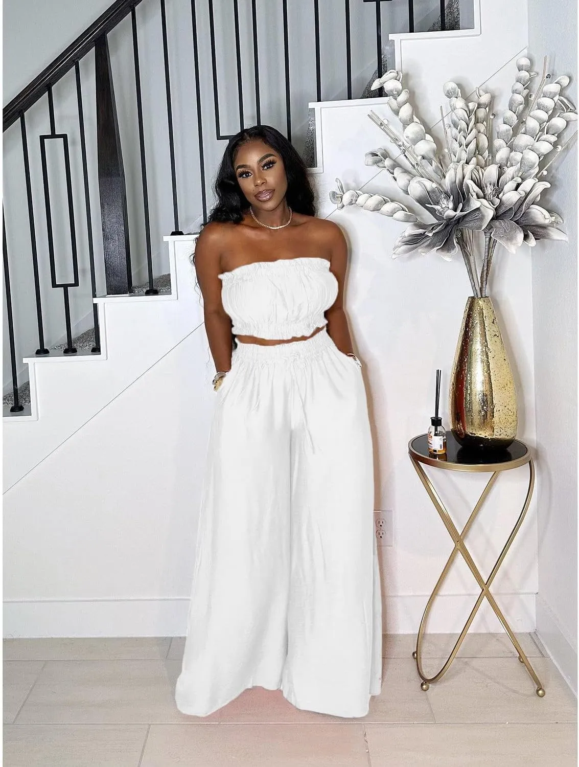 Two Piece Sets for Women Summer Outfits Crop Tops and Wide Leg Pants Sets Sexy Jumpsuits Vacation Outfits with Pockets