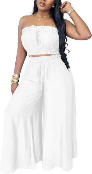 Two Piece Sets for Women Summer Outfits Crop Tops and Wide Leg Pants Sets Sexy Jumpsuits Vacation Outfits with Pockets