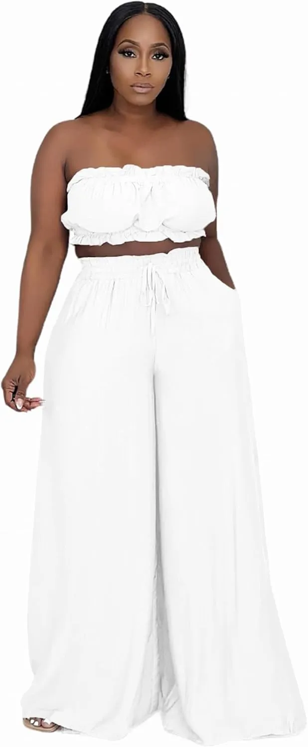 Two Piece Sets for Women Summer Outfits Crop Tops and Wide Leg Pants Sets Sexy Jumpsuits Vacation Outfits with Pockets
