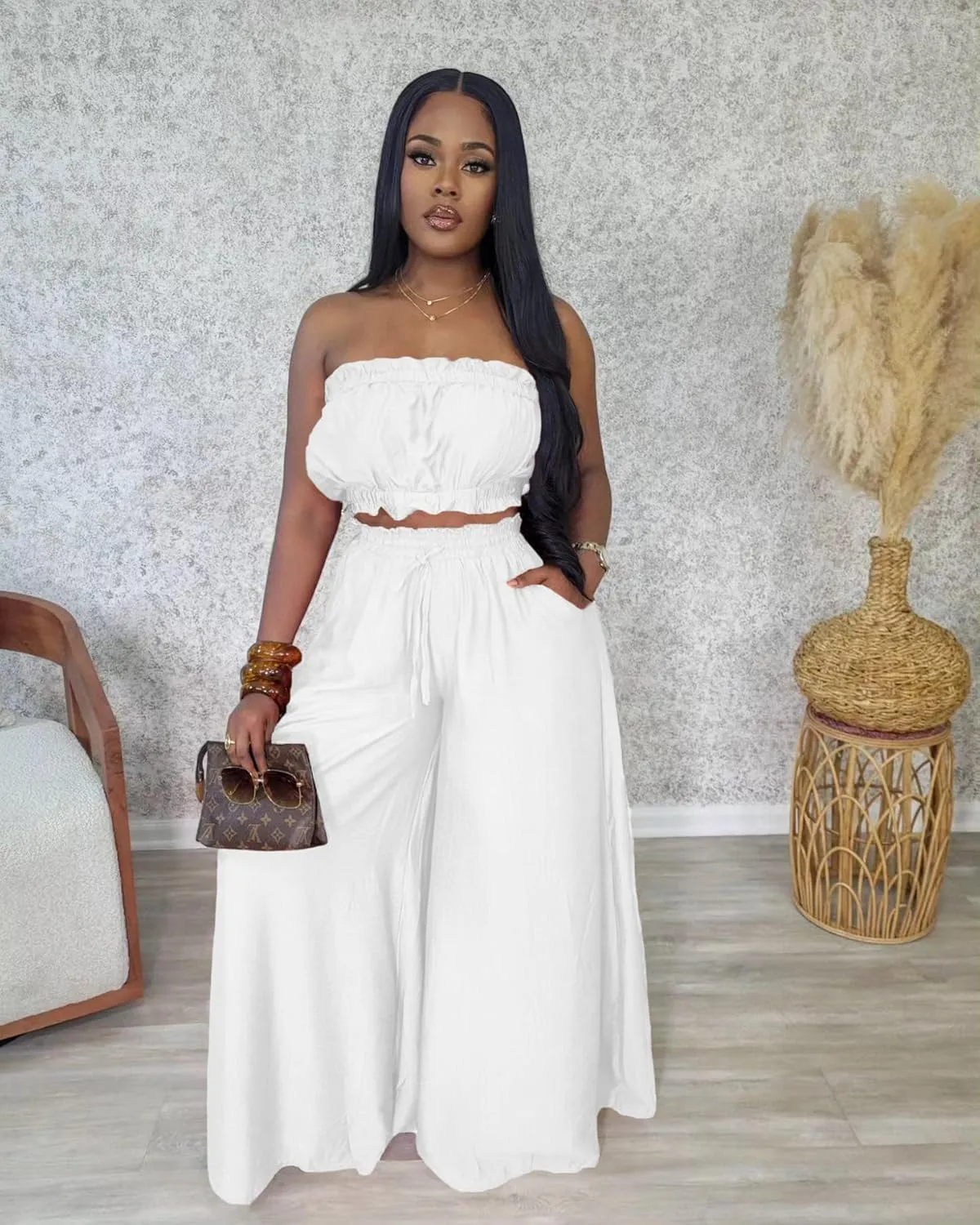 Two Piece Sets for Women Summer Outfits Crop Tops and Wide Leg Pants Sets Sexy Jumpsuits Vacation Outfits with Pockets