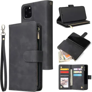 UEEBAI Wallet Case for iPhone 11, PU Leather Case Magnetic Closure Handbag Zipper Pocket Case Kickstand Card Slots with Hand Strap Marple Flip Case for Women - Black