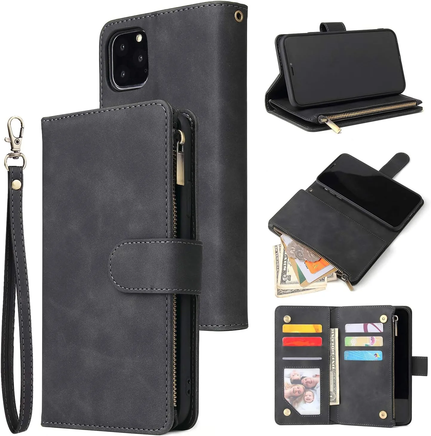 UEEBAI Wallet Case for iPhone 11, PU Leather Case Magnetic Closure Handbag Zipper Pocket Case Kickstand Card Slots with Hand Strap Marple Flip Case for Women - Black