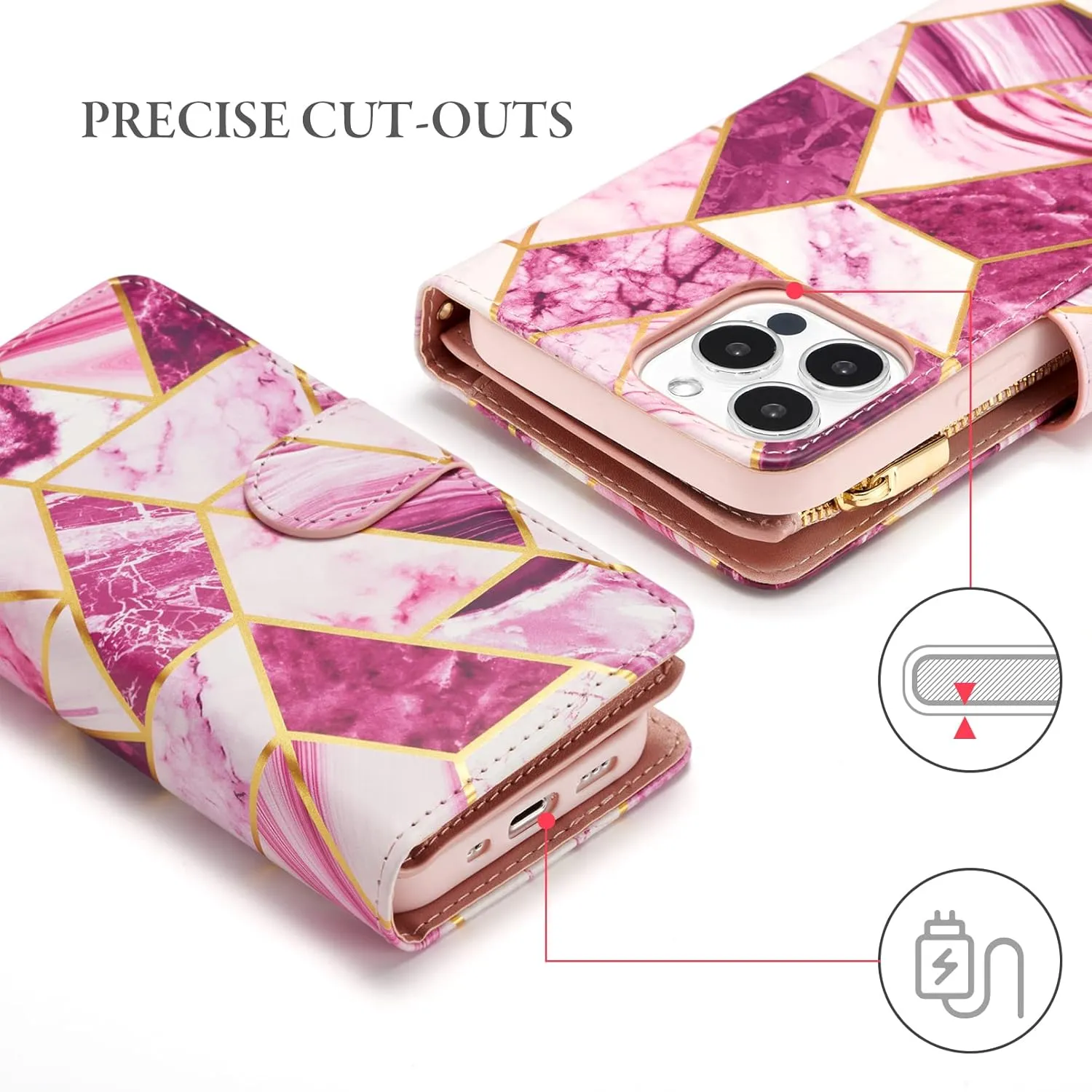 UEEBAI Wallet Case for iPhone 16 Pro Max, PU Leather Wallet Magnetic Closure Handbag Zipper Pocket Cover Kickstand Card Slots with Hand Strap Marple Flip Case for Women - Marble Purple