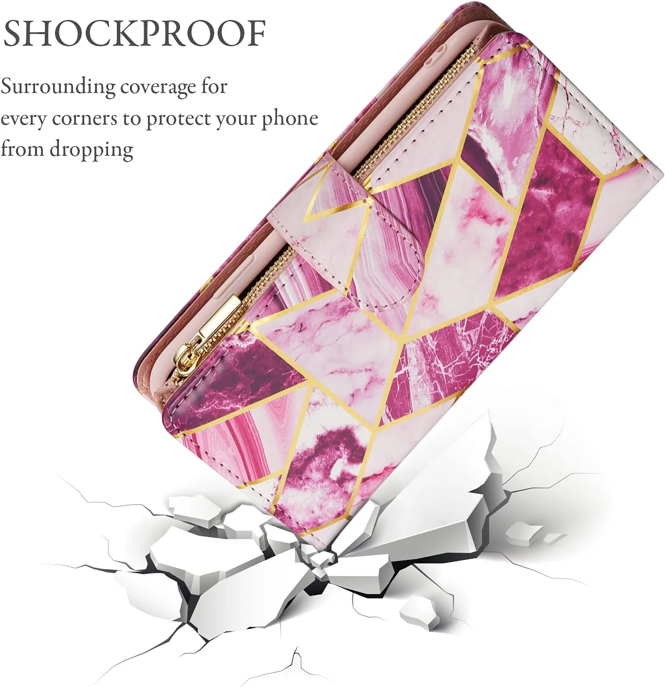 UEEBAI Wallet Case for iPhone 16 Pro Max, PU Leather Wallet Magnetic Closure Handbag Zipper Pocket Cover Kickstand Card Slots with Hand Strap Marple Flip Case for Women - Marble Purple