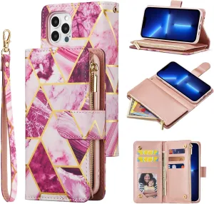UEEBAI Wallet Case for iPhone 16 Pro Max, PU Leather Wallet Magnetic Closure Handbag Zipper Pocket Cover Kickstand Card Slots with Hand Strap Marple Flip Case for Women - Marble Purple