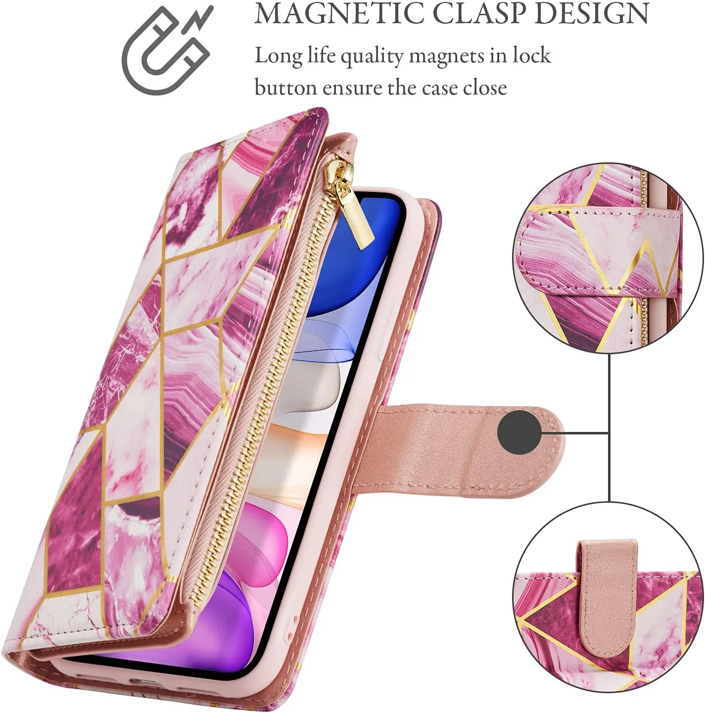 UEEBAI Wallet Case for iPhone 16 Pro Max, PU Leather Wallet Magnetic Closure Handbag Zipper Pocket Cover Kickstand Card Slots with Hand Strap Marple Flip Case for Women - Marble Purple