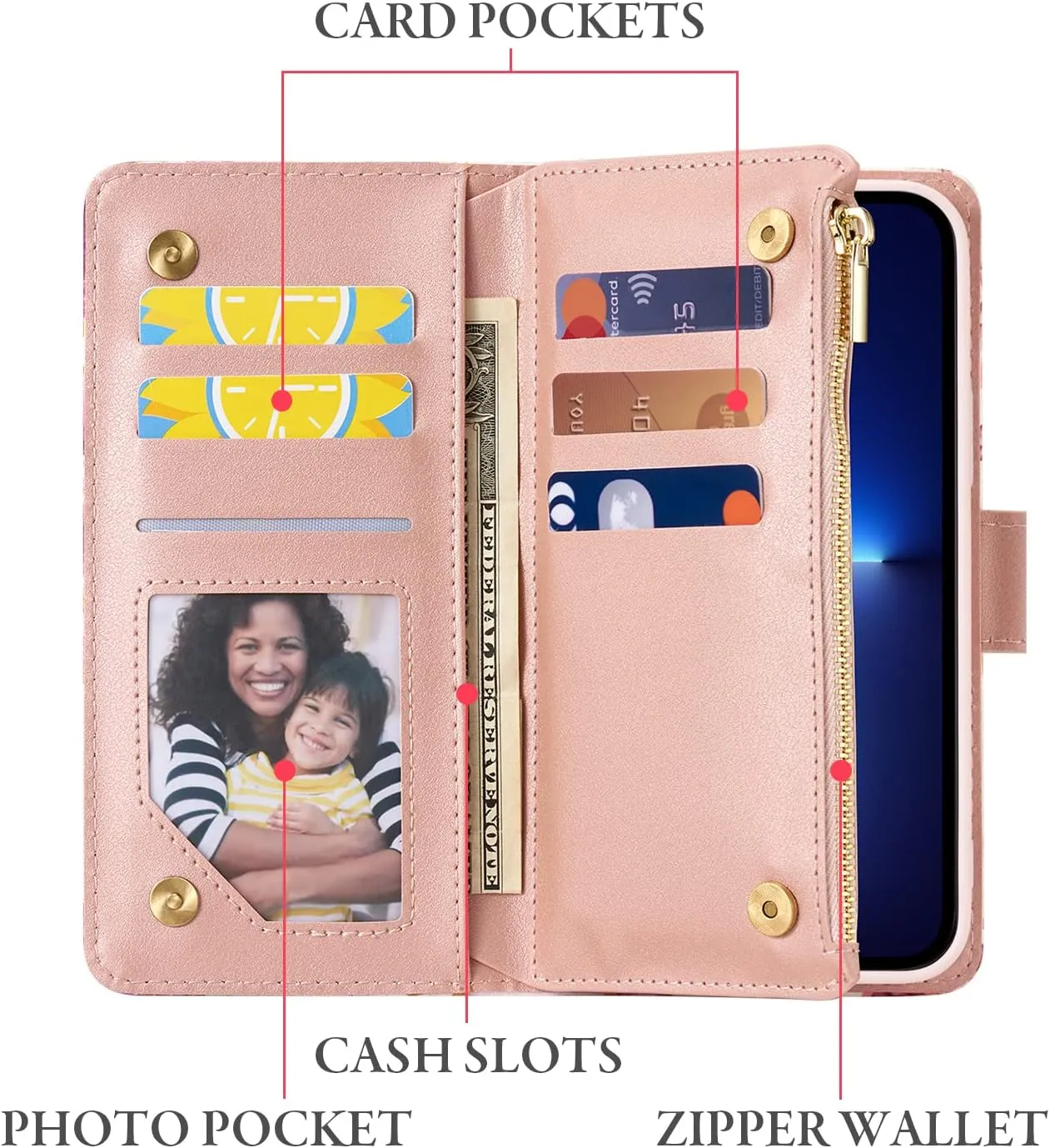 UEEBAI Wallet Case for iPhone 16 Pro Max, PU Leather Wallet Magnetic Closure Handbag Zipper Pocket Cover Kickstand Card Slots with Hand Strap Marple Flip Case for Women - Marble Purple