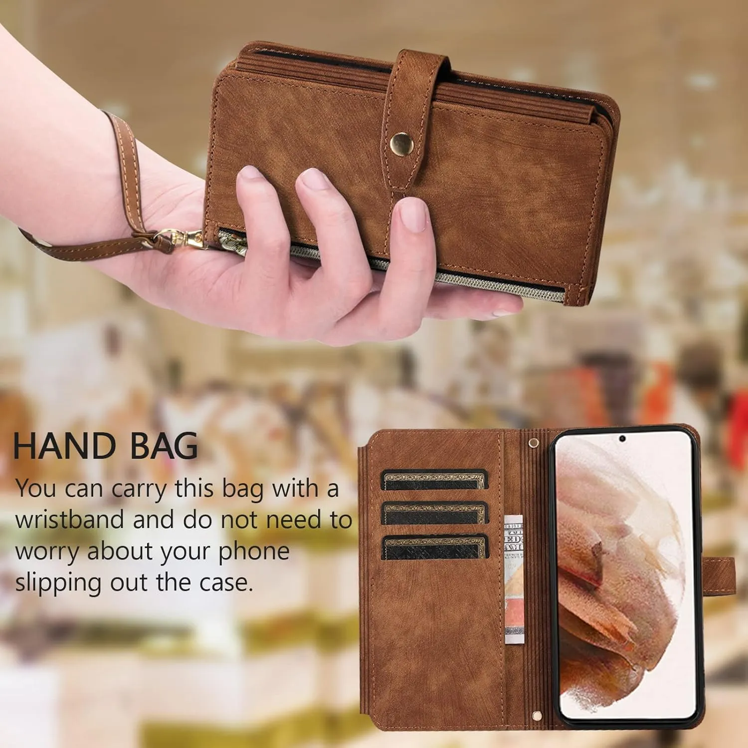 UEEBAI Wallet Case for iPhone 16e, 9 Card Slots Retro Leather Wallet Flip Cover for Women with Hand Strap Card Slots Zipper Pocket Kickstand Handbag Magnetic Closure Flip Case for SE4- Brown