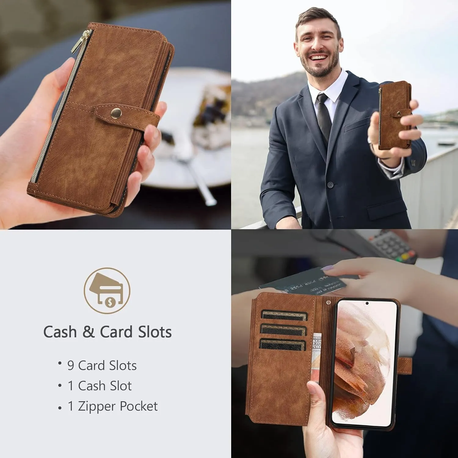 UEEBAI Wallet Case for iPhone 16e, 9 Card Slots Retro Leather Wallet Flip Cover for Women with Hand Strap Card Slots Zipper Pocket Kickstand Handbag Magnetic Closure Flip Case for SE4- Brown