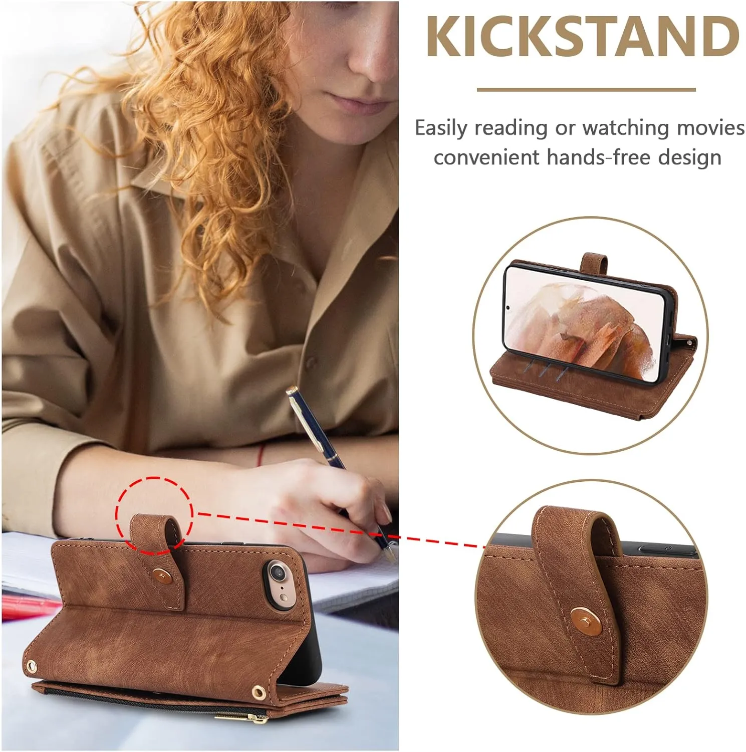 UEEBAI Wallet Case for iPhone 16e, 9 Card Slots Retro Leather Wallet Flip Cover for Women with Hand Strap Card Slots Zipper Pocket Kickstand Handbag Magnetic Closure Flip Case for SE4- Brown