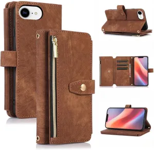 UEEBAI Wallet Case for iPhone 16e, 9 Card Slots Retro Leather Wallet Flip Cover for Women with Hand Strap Card Slots Zipper Pocket Kickstand Handbag Magnetic Closure Flip Case for SE4- Brown