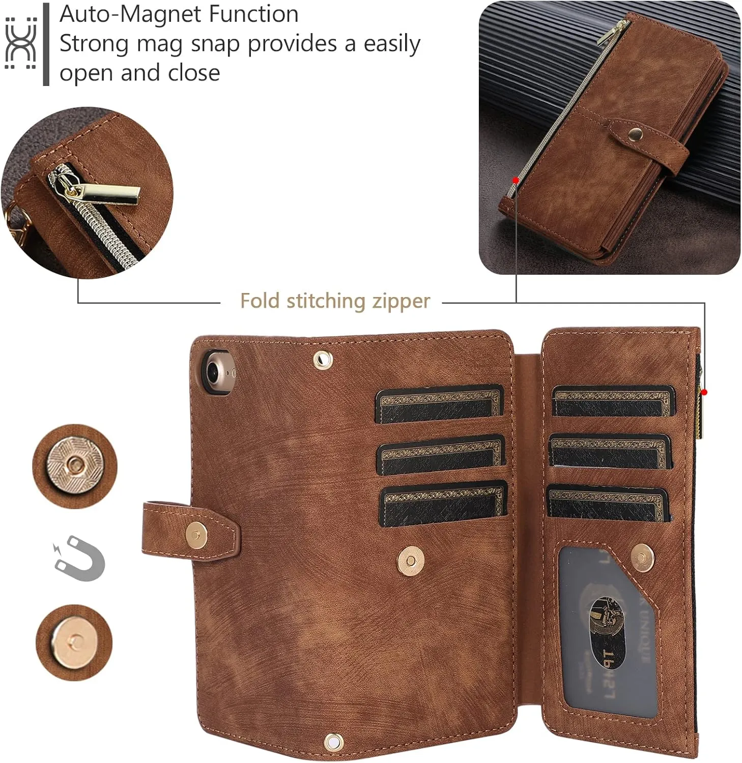 UEEBAI Wallet Case for iPhone 16e, 9 Card Slots Retro Leather Wallet Flip Cover for Women with Hand Strap Card Slots Zipper Pocket Kickstand Handbag Magnetic Closure Flip Case for SE4- Brown