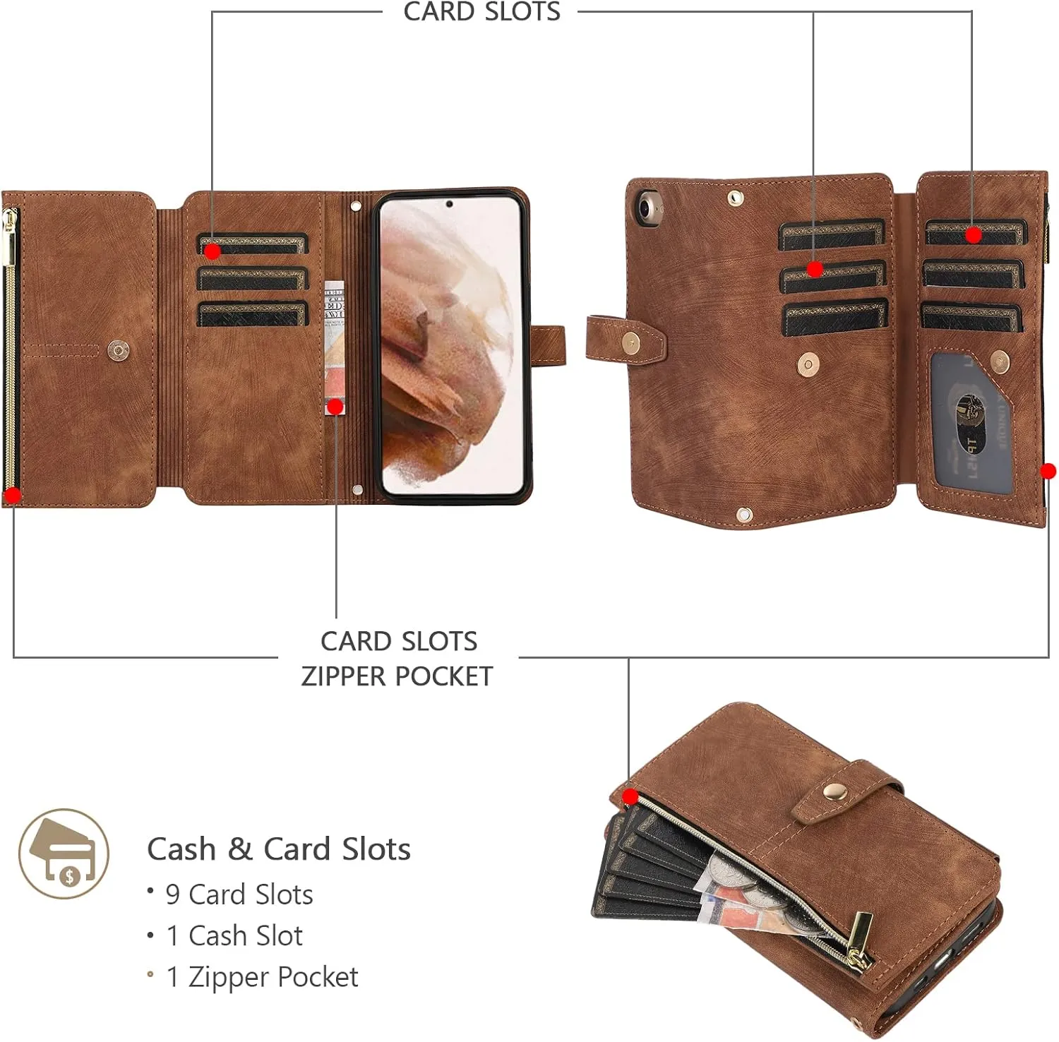 UEEBAI Wallet Case for iPhone 16e, 9 Card Slots Retro Leather Wallet Flip Cover for Women with Hand Strap Card Slots Zipper Pocket Kickstand Handbag Magnetic Closure Flip Case for SE4- Brown
