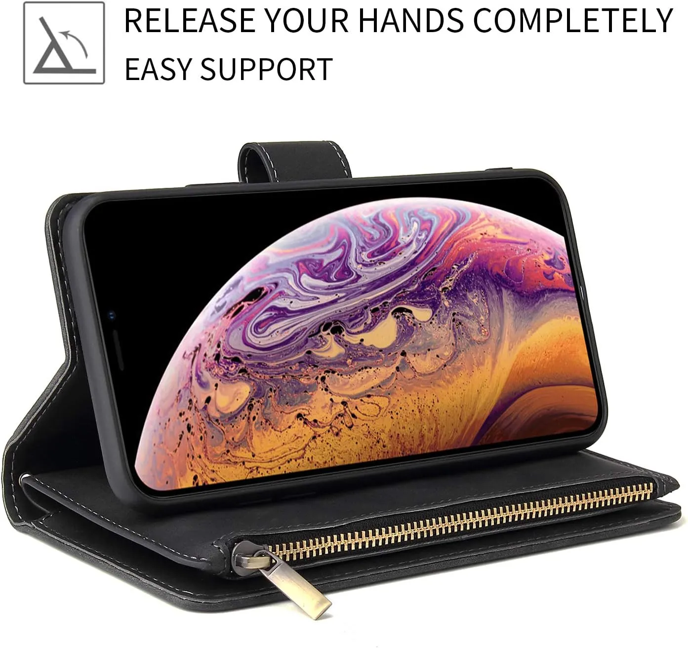 UEEBAI Wallet Case for Samsung Galaxy A51 4G, PU Leather Wallet Magnetic Closure Handbag Zipper Pocket Kickstand Card Slots with Hand Strap Vintage Flip Case for Women - Black