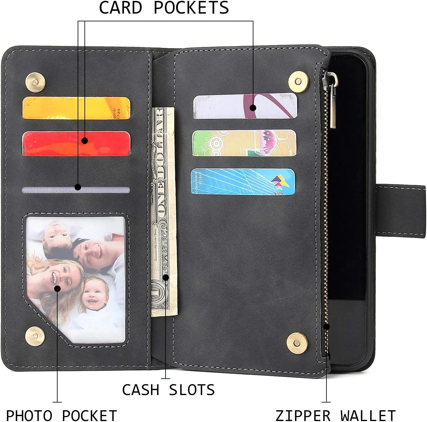 UEEBAI Wallet Case for Samsung Galaxy A51 4G, PU Leather Wallet Magnetic Closure Handbag Zipper Pocket Kickstand Card Slots with Hand Strap Vintage Flip Case for Women - Black