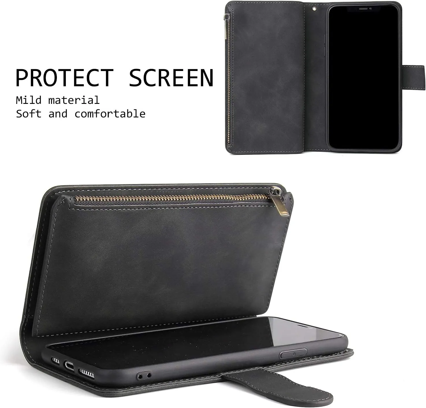 UEEBAI Wallet Case for Samsung Galaxy A51 4G, PU Leather Wallet Magnetic Closure Handbag Zipper Pocket Kickstand Card Slots with Hand Strap Vintage Flip Case for Women - Black