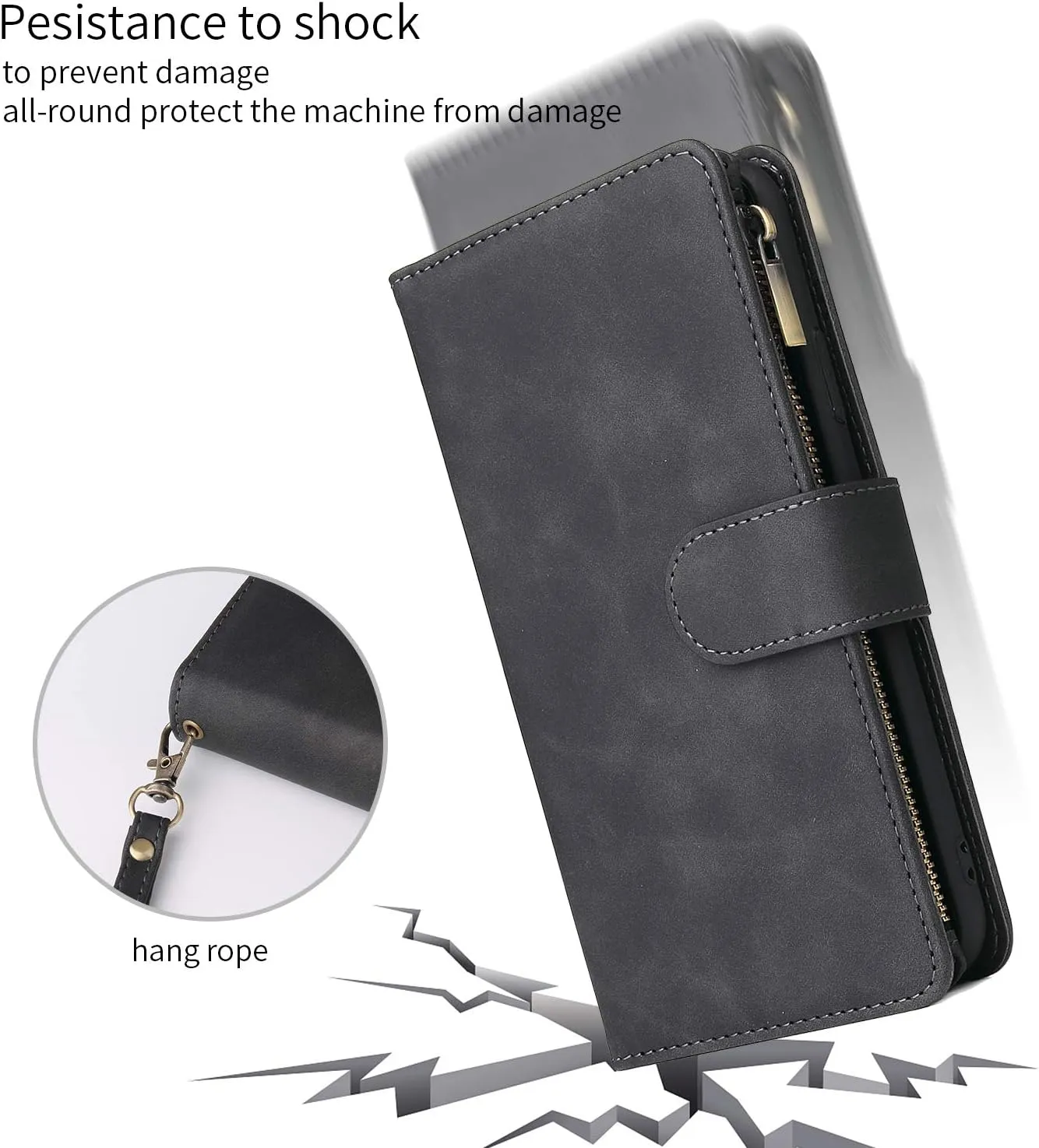 UEEBAI Wallet Case for Samsung Galaxy A51 4G, PU Leather Wallet Magnetic Closure Handbag Zipper Pocket Kickstand Card Slots with Hand Strap Vintage Flip Case for Women - Black
