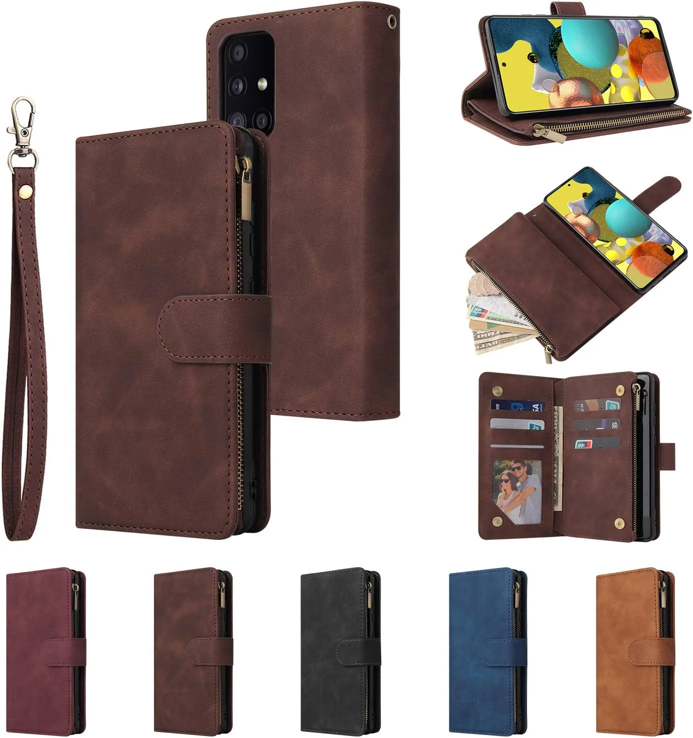 UEEBAI Wallet Case for Samsung Galaxy A51 4G, PU Leather Wallet Magnetic Closure Handbag Zipper Pocket Kickstand Card Slots with Hand Strap Vintage Flip Case for Women - Black