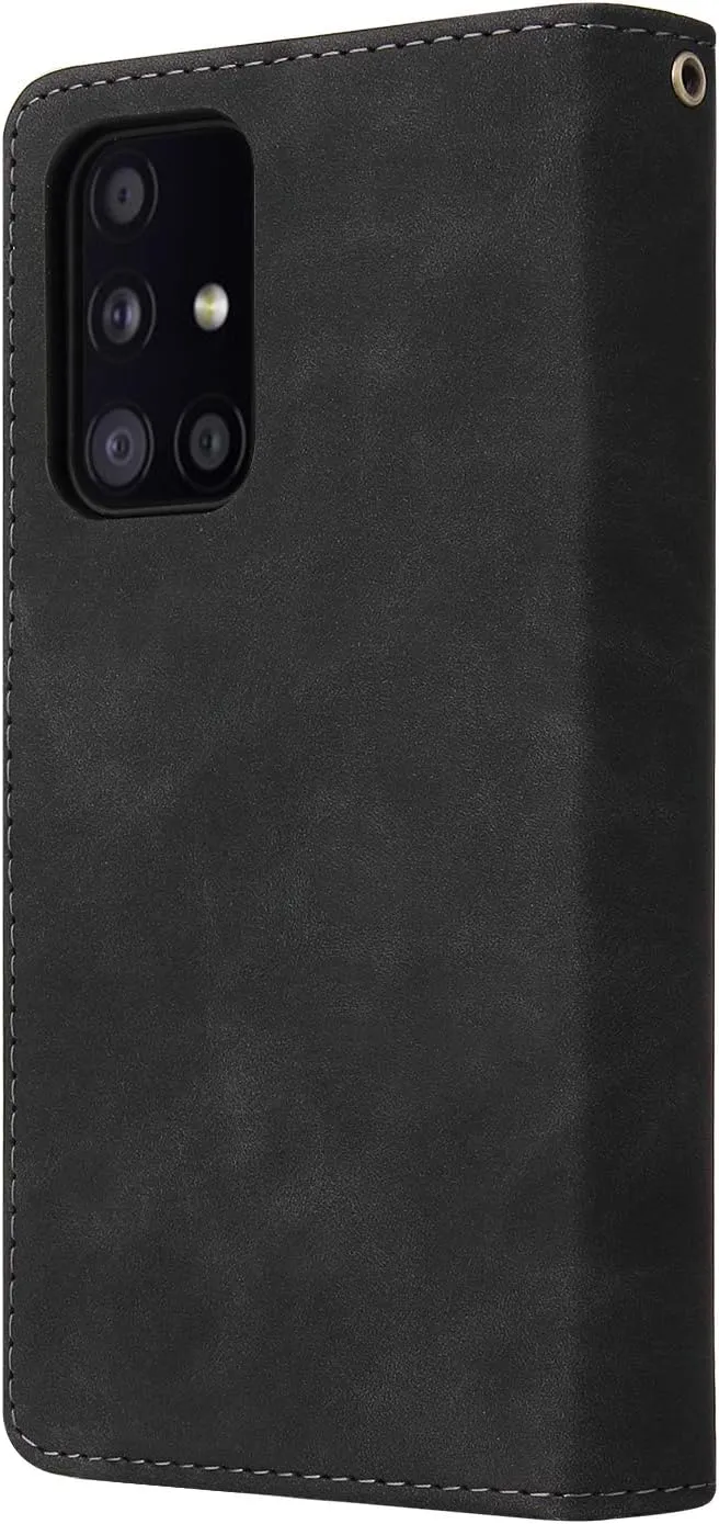 UEEBAI Wallet Case for Samsung Galaxy A51 4G, PU Leather Wallet Magnetic Closure Handbag Zipper Pocket Kickstand Card Slots with Hand Strap Vintage Flip Case for Women - Black