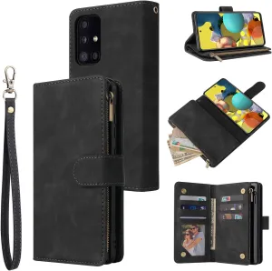 UEEBAI Wallet Case for Samsung Galaxy A51 4G, PU Leather Wallet Magnetic Closure Handbag Zipper Pocket Kickstand Card Slots with Hand Strap Vintage Flip Case for Women - Black