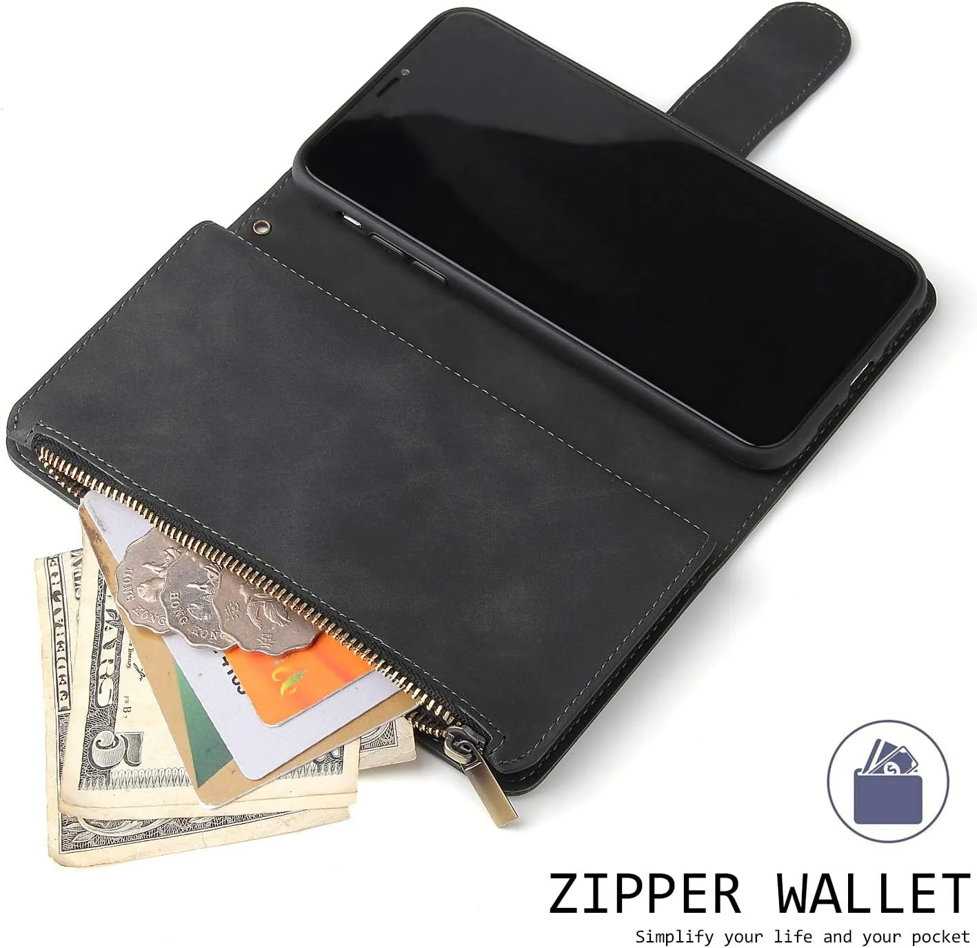 UEEBAI Wallet Case for Samsung Galaxy A51 4G, PU Leather Wallet Magnetic Closure Handbag Zipper Pocket Kickstand Card Slots with Hand Strap Vintage Flip Case for Women - Black