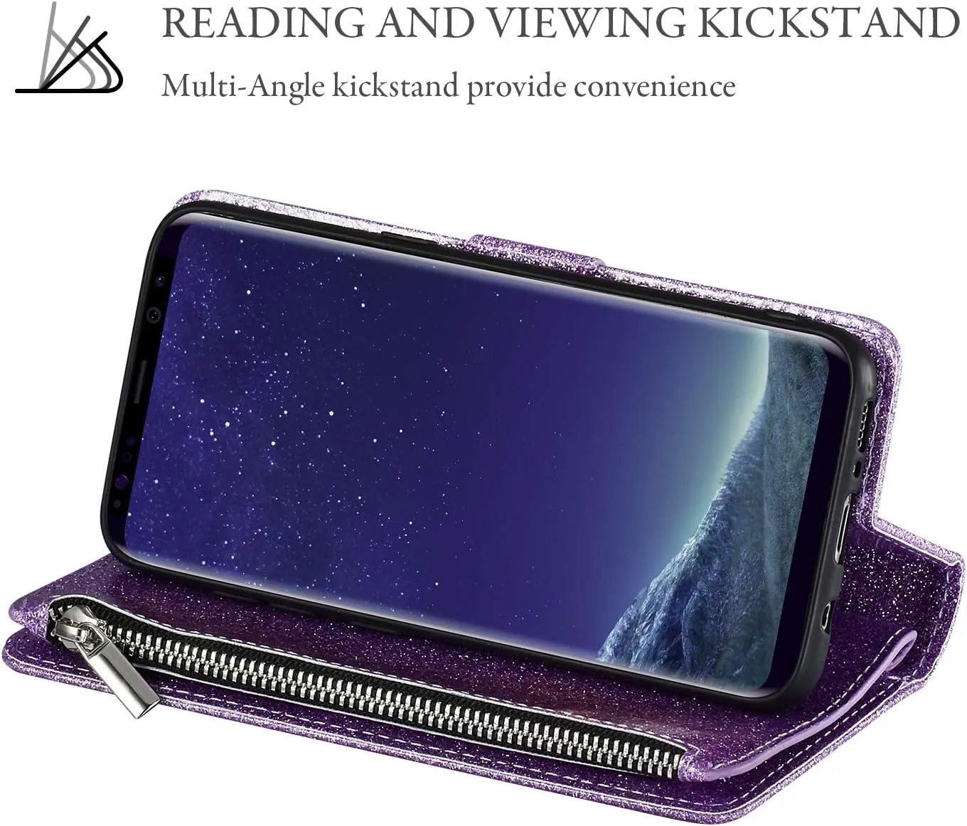 UEEBAI Wallet Case for Samsung Galaxy S10 Plus, PU Leather Wallet Magnetic Closure Handbag Zipper Pocket Cover Kickstand Card Slots with Hand Strap Marple Flip Case for Women - Glitter Purple