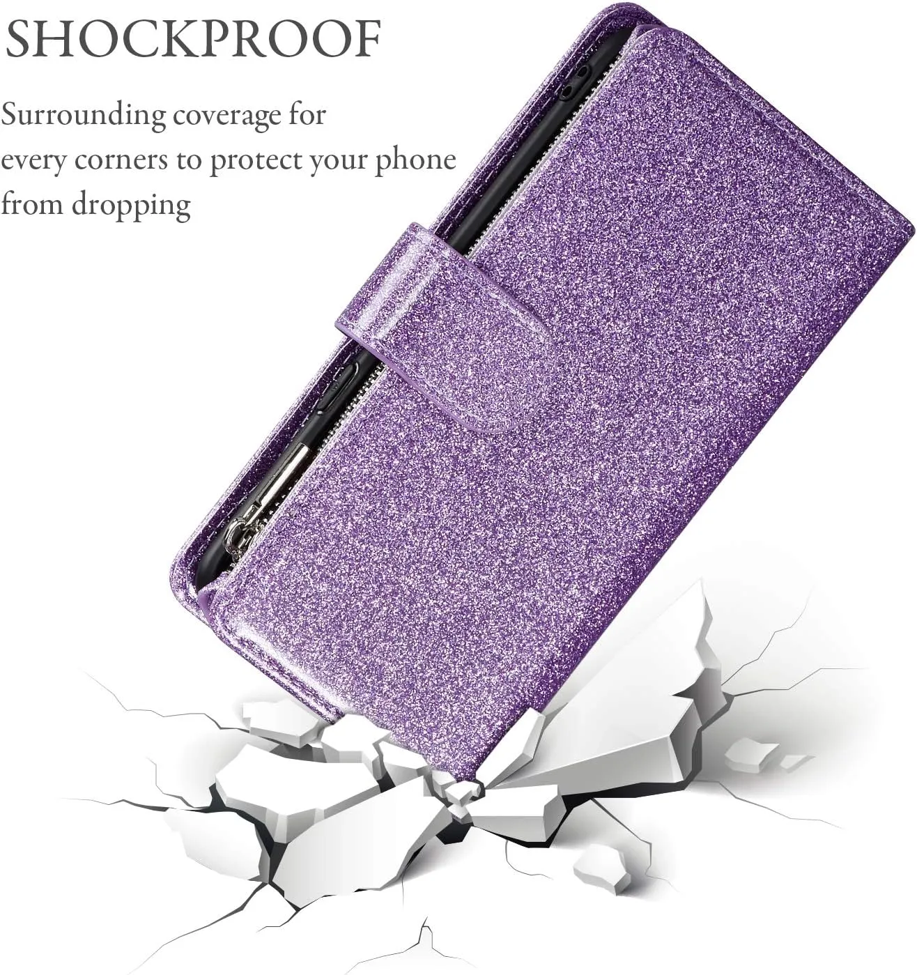UEEBAI Wallet Case for Samsung Galaxy S10 Plus, PU Leather Wallet Magnetic Closure Handbag Zipper Pocket Cover Kickstand Card Slots with Hand Strap Marple Flip Case for Women - Glitter Purple