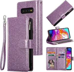 UEEBAI Wallet Case for Samsung Galaxy S10 Plus, PU Leather Wallet Magnetic Closure Handbag Zipper Pocket Cover Kickstand Card Slots with Hand Strap Marple Flip Case for Women - Glitter Purple