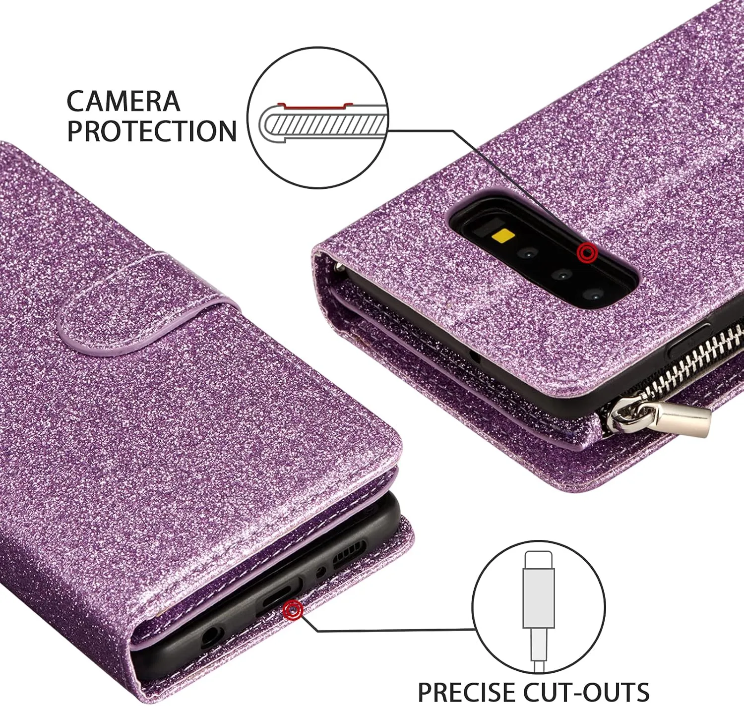 UEEBAI Wallet Case for Samsung Galaxy S10 Plus, PU Leather Wallet Magnetic Closure Handbag Zipper Pocket Cover Kickstand Card Slots with Hand Strap Marple Flip Case for Women - Glitter Purple